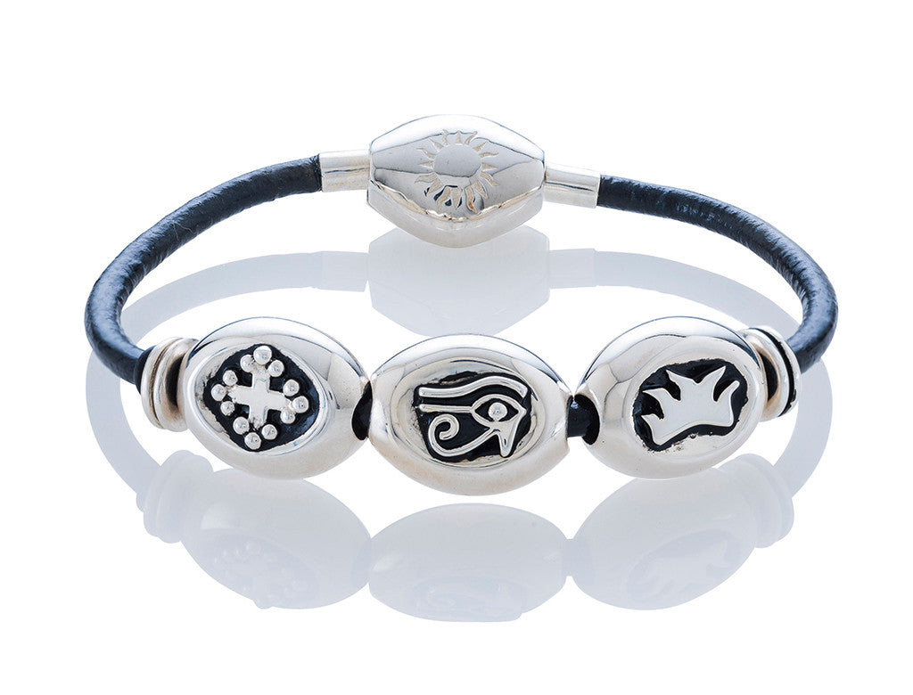 Silver Classic Bracelet on Black Leather - Large Charms