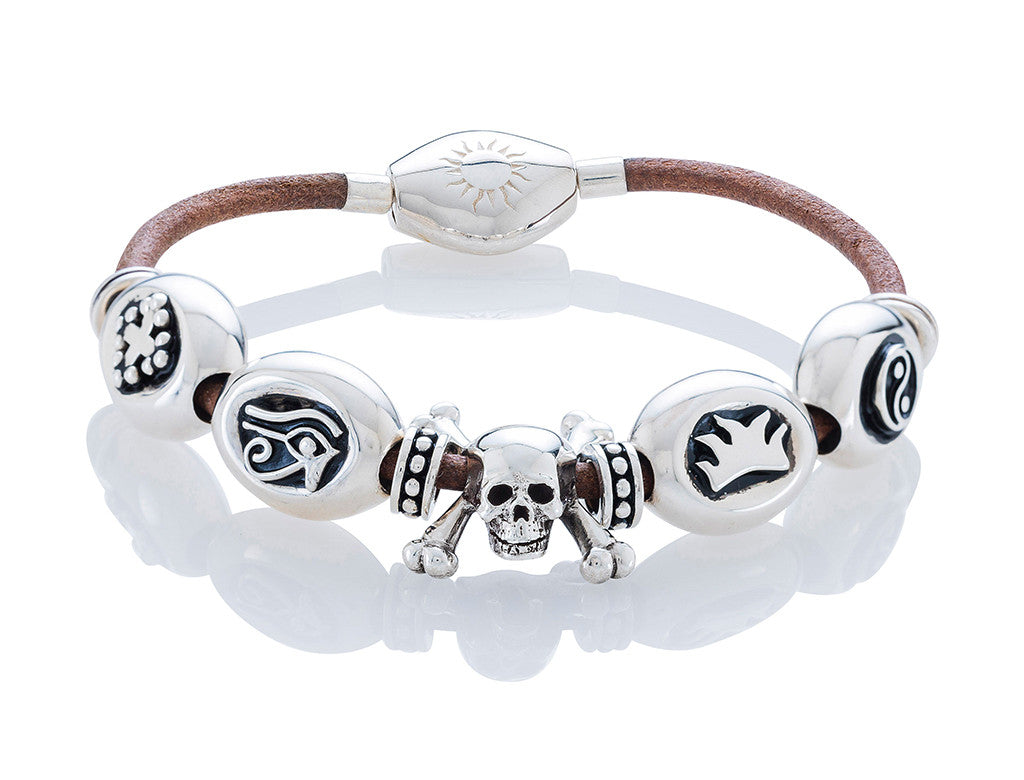 Skull and Crossbones Pirate Bracelet on Tan Leather