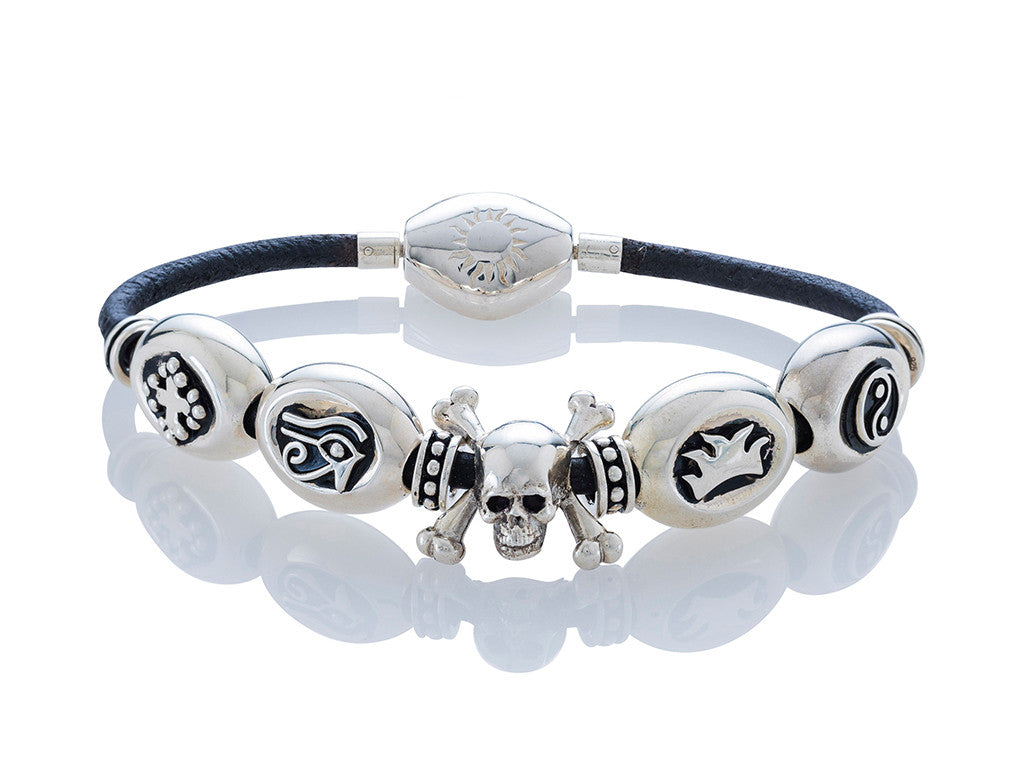 Skull and Crossbones Pirate Bracelet on Black Leather